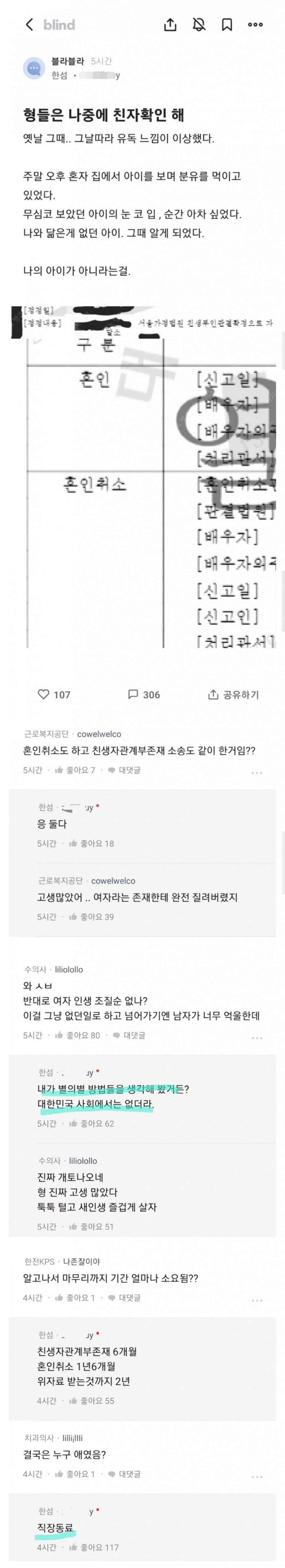 최근 친자 확인 후 혼인 취소한 블라인